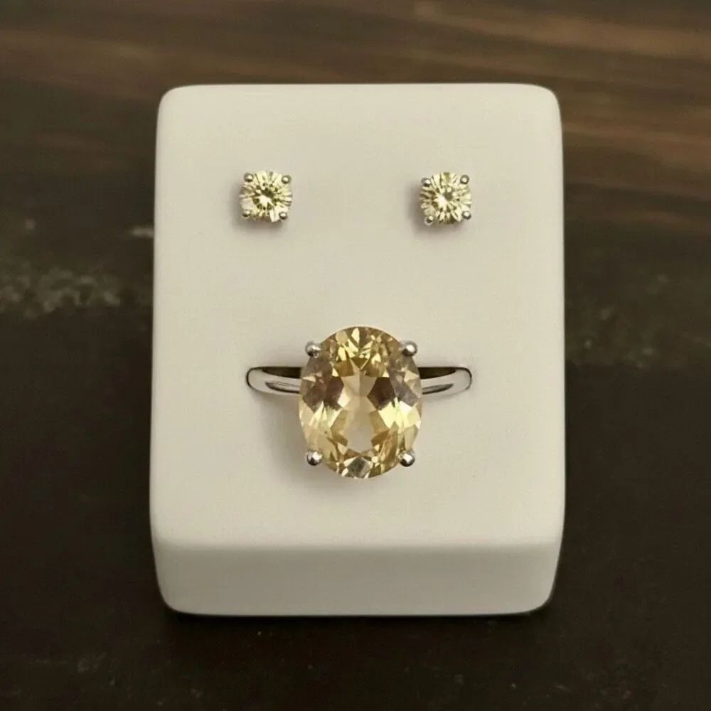 Genuine Citrine & Champagne Moissanite Ring 6 & Stud Earrings Set 925 Silver New